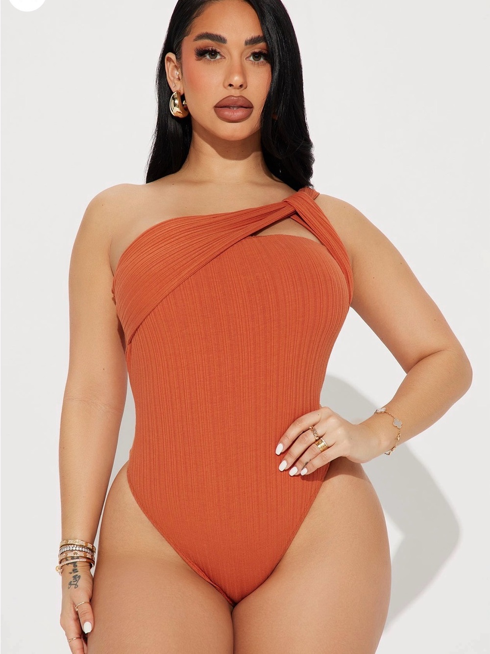 Fashion Nova One-Shoulder Ribbed Bodysuit Rust Orange